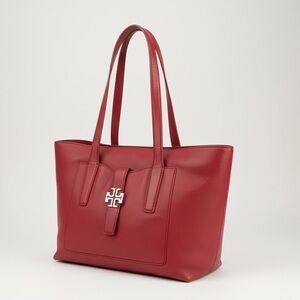 💖 Tory Burch Red Pebbled Leather Tote ✨ Iconic Double-T Statement Bag